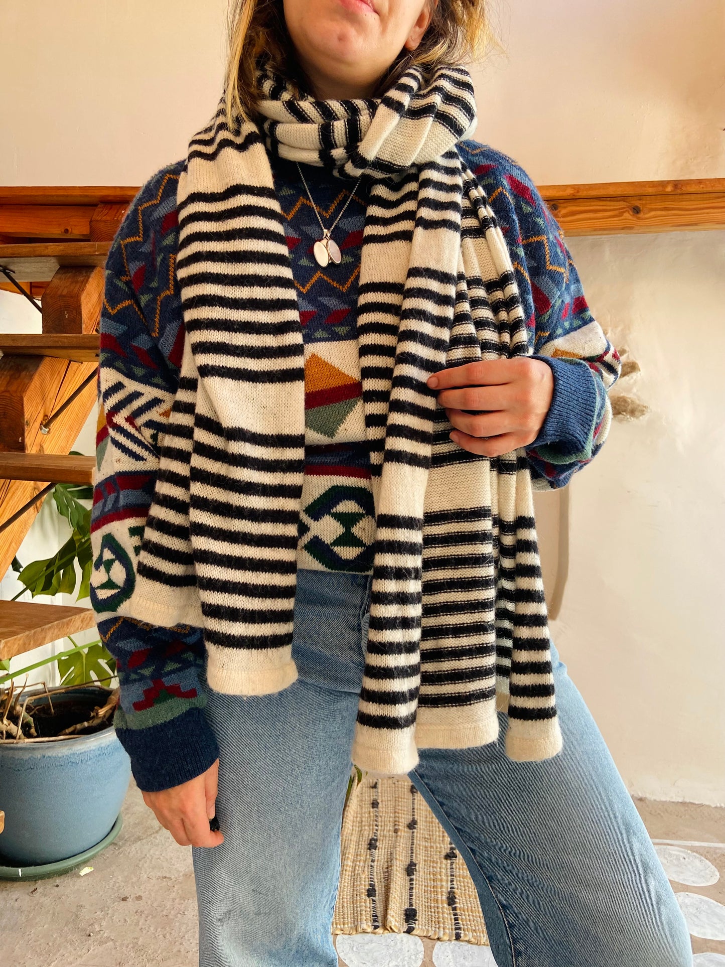 VINTAGE Black & White Stripe Long Scarf - ONE SIZE