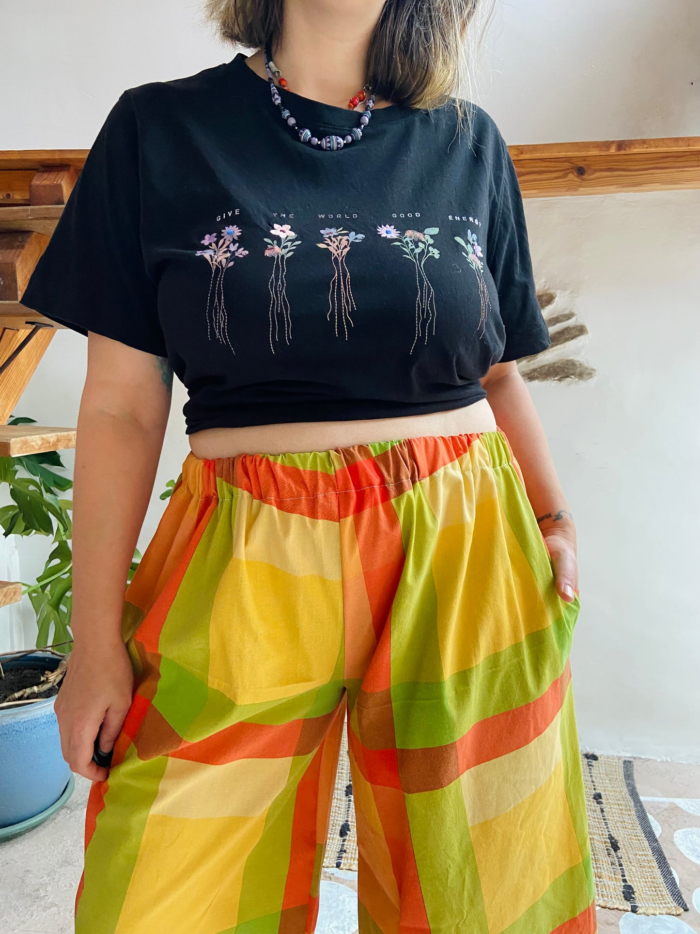 DESERT FOX Orange Checked Stripe Wide Leg Trousers - S/M