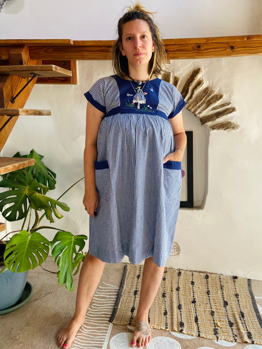 VINTAGE 70's Blue Embroidered Gingham Midi Dress - S/M