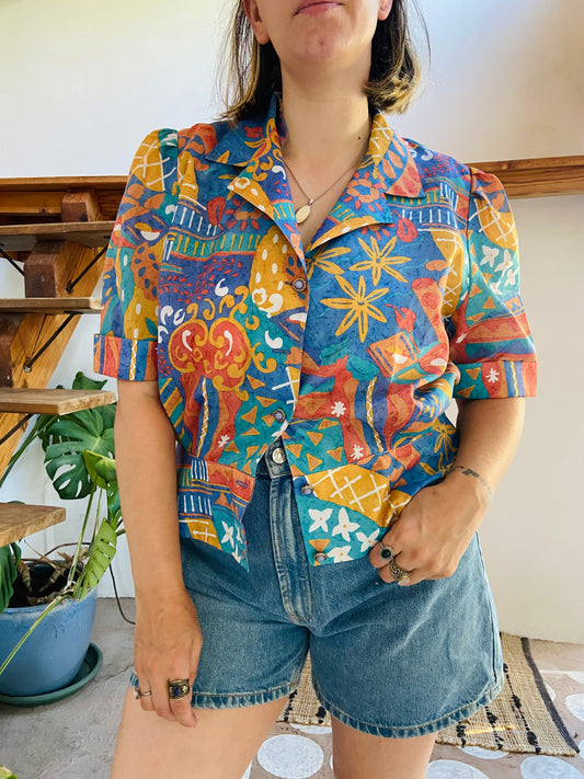 VINTAGE 80's Funky Patterned Short Sleeve Top - L
