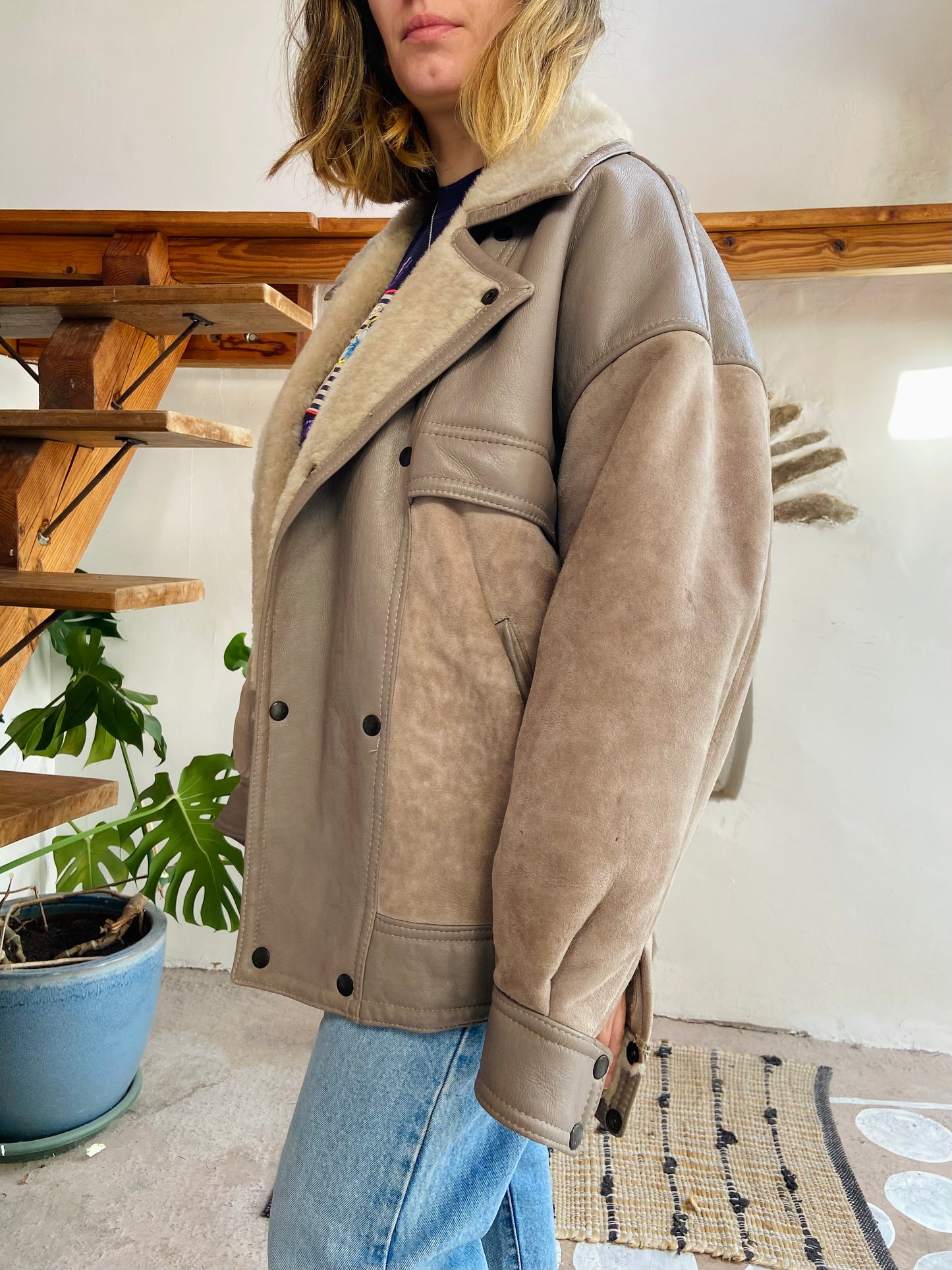 VINTAGE 80’s Sheepskin Grey Oversized Suede Coat Jacket - L/XL