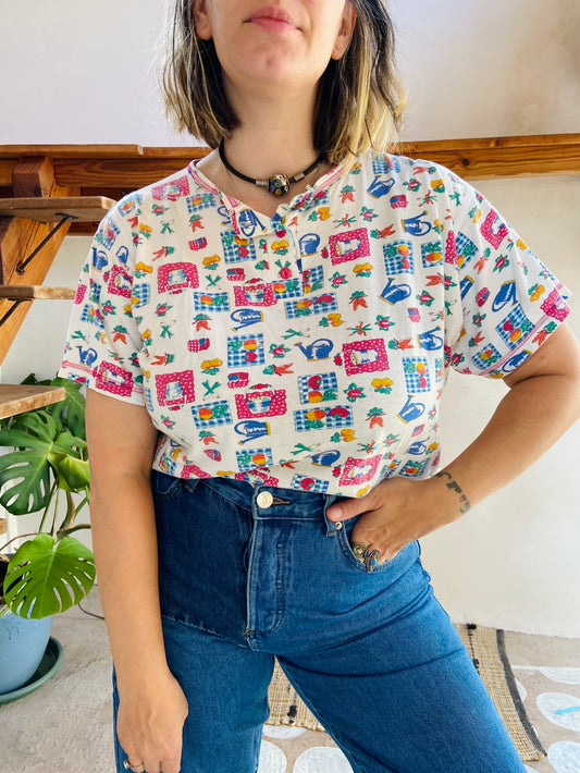 VINTAGE 90's Vegetable Pattern Short Sleeve T-shirt - M
