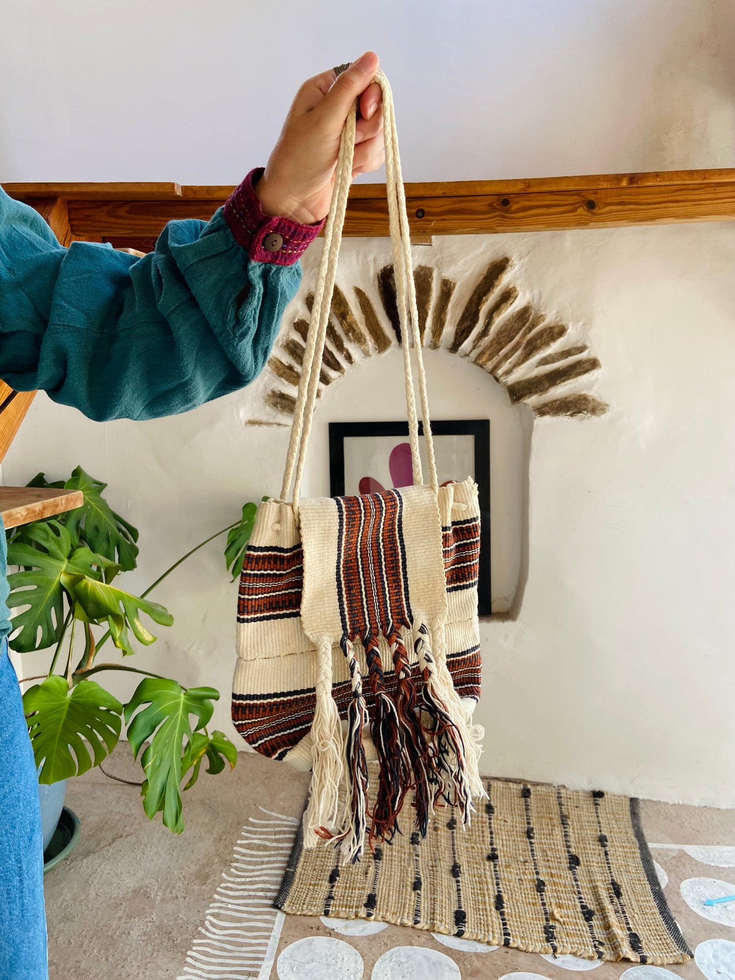 VINTAGE 90's Bohemian Fringe Cotton Shoulder Bag - ONE SIZE