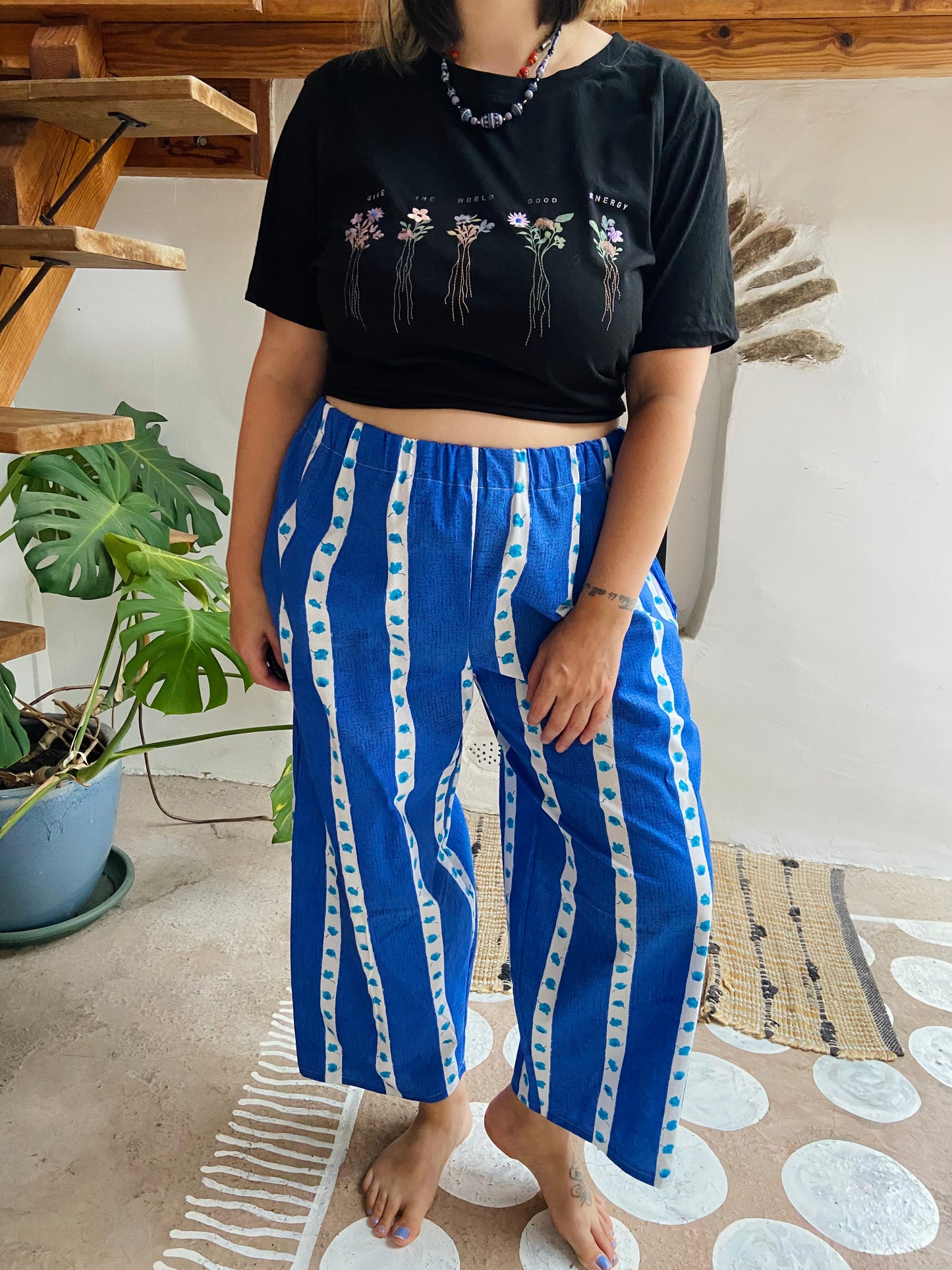 DESERT FOX Lola Floral Blue Stripe Wide Leg Trousers - M/L