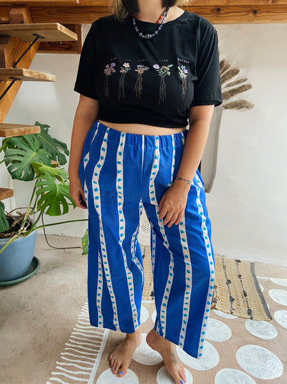 DESERT FOX Lola Floral Blue Stripe Wide Leg Trousers - M/L