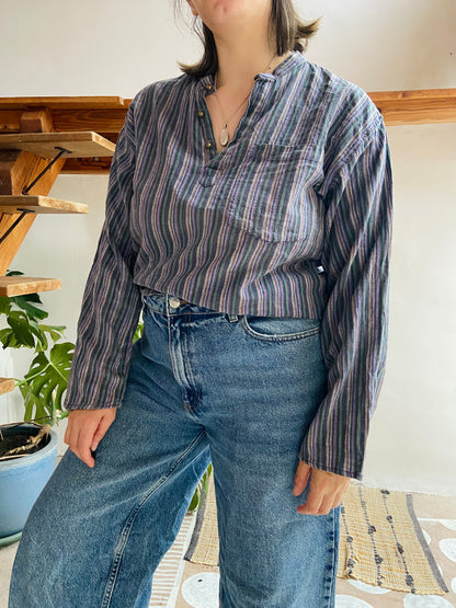 VINTAGE Hippie Blue Stripe Bohemian Long Sleeve Tunic Top - M/L