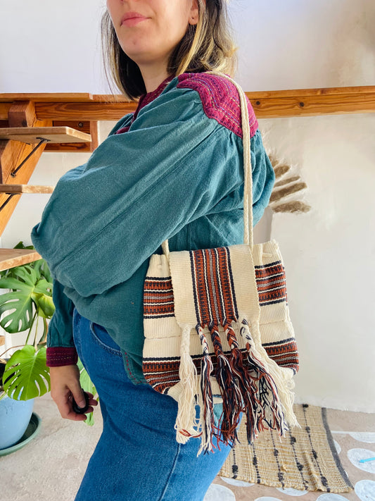 VINTAGE 90's Bohemian Fringe Cotton Shoulder Bag - ONE SIZE