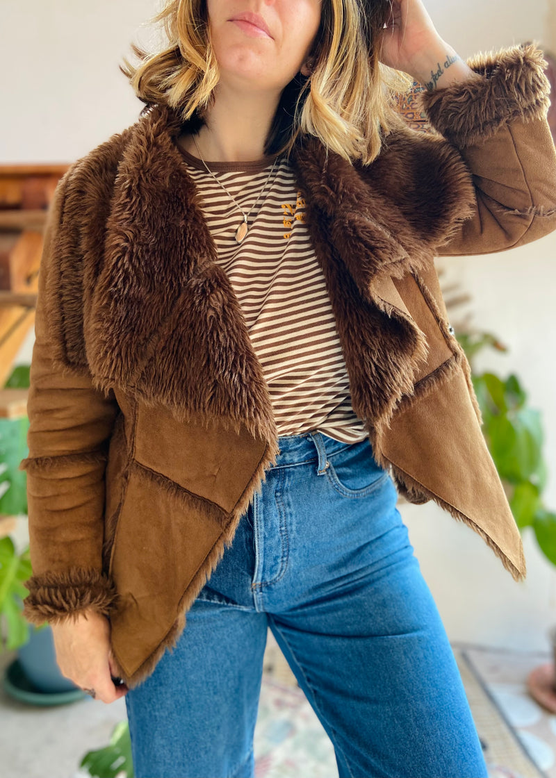 VINTAGE 90's Brown Faux Fur Penny Lane Cropped Coat Jacket - S