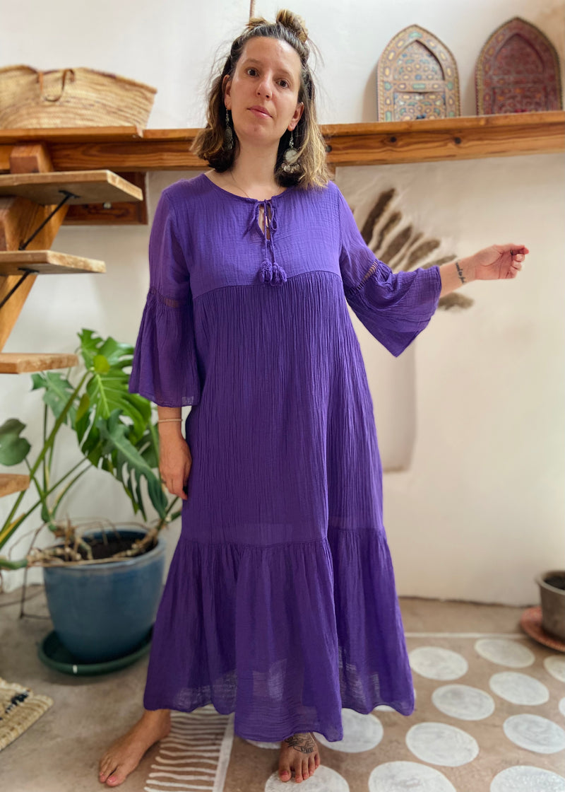 VINTAGE Y2K Purple Cotton Gauze Bell Sleeve Maxi Dress - L/XL