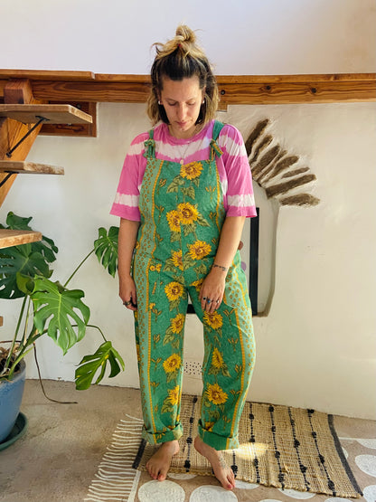 DESERT FOX Green Sunflower Provencal Print Long Length Dungarees - M/L