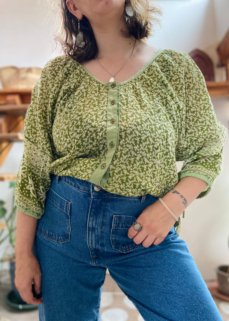 VINTAGE 90's Green Bohemian Pattern Floaty Loose Top - M/L