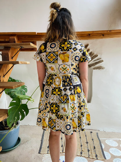VINTAGE 70's Lemon Patchwork Print Cotton Sun Dress - S