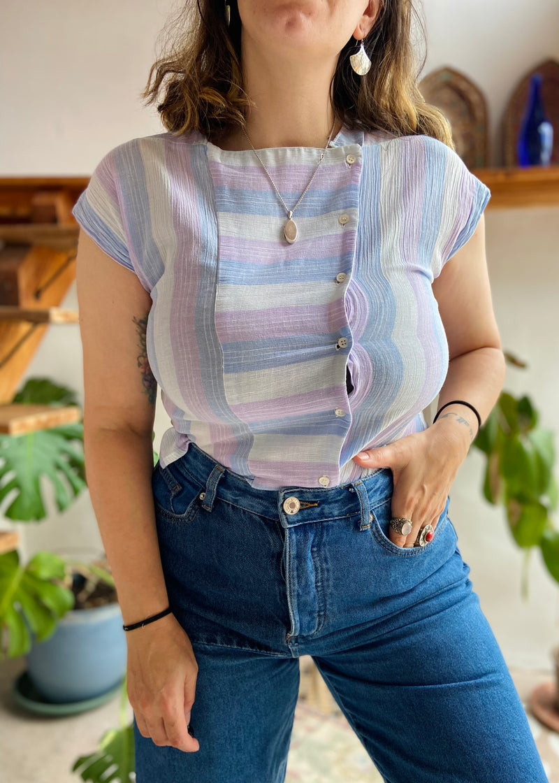 VINTAGE 80’s Purple Stripe Button Up Top - S