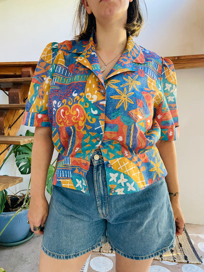 VINTAGE 80's Funky Patterned Short Sleeve Top - L
