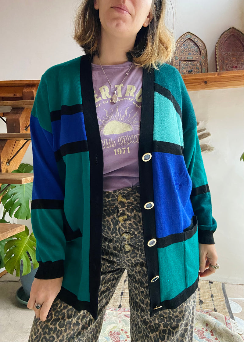 VINTAGE 80's Block Print Blue & Green Long Sleeve Cardigan - S/M