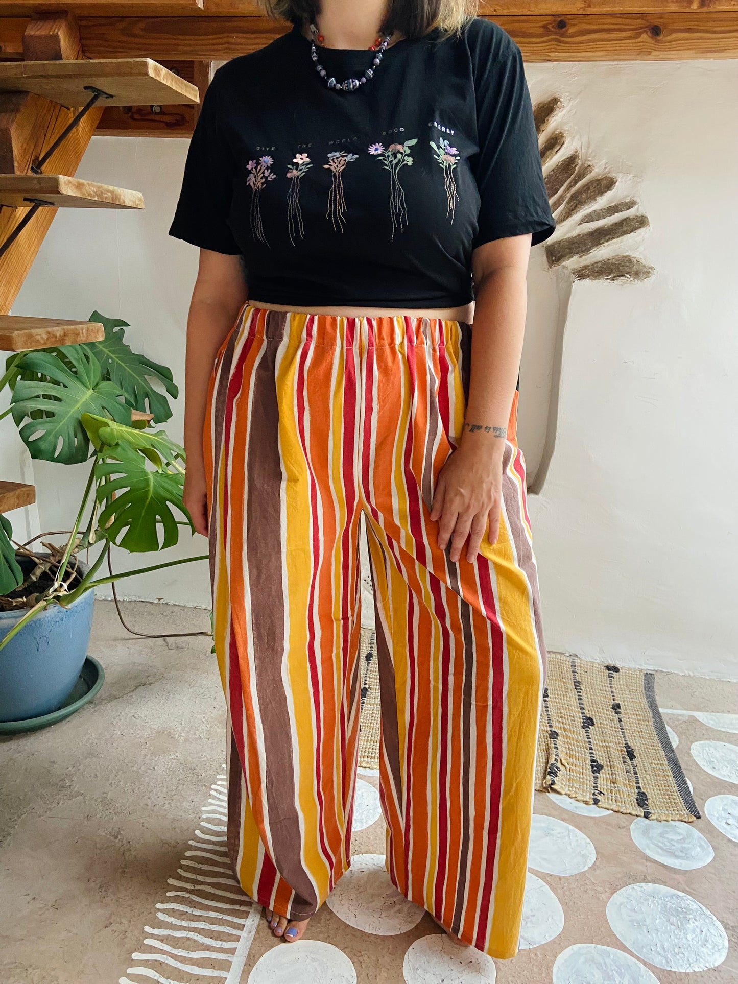 DESERT FOX Autumn Orange Stripe Wide Leg Trousers - M/L