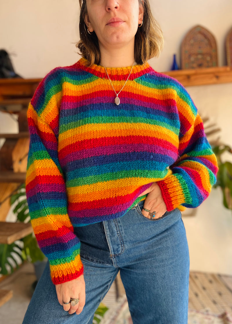 VINTAGE 90's Rainbow Stripe Long Sleeve Knit Jumper - M/L