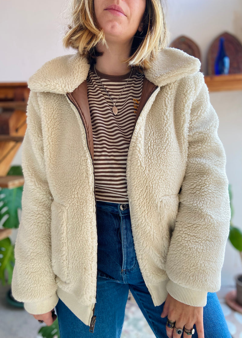 VINTAGE 90's Faux Fur Shearling Reversible Bomber Jacket Coat - M/L