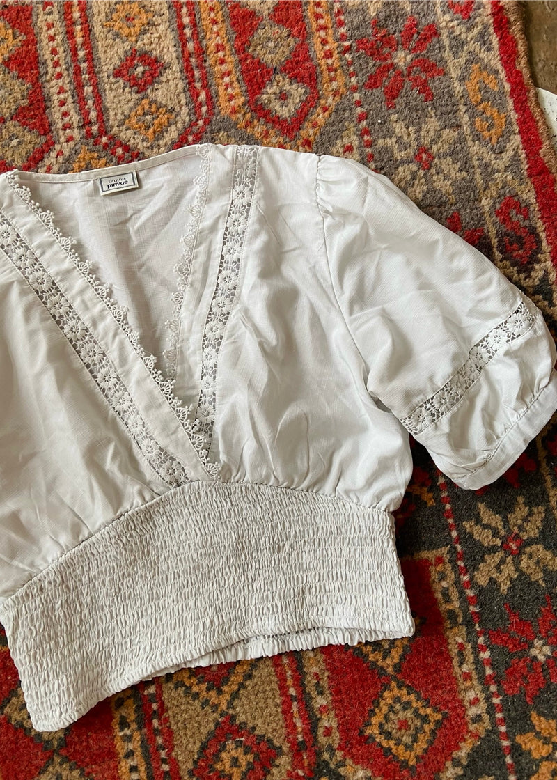 VINTAGE Y2K White Lace Puff Sleeve Crop Top - S/M