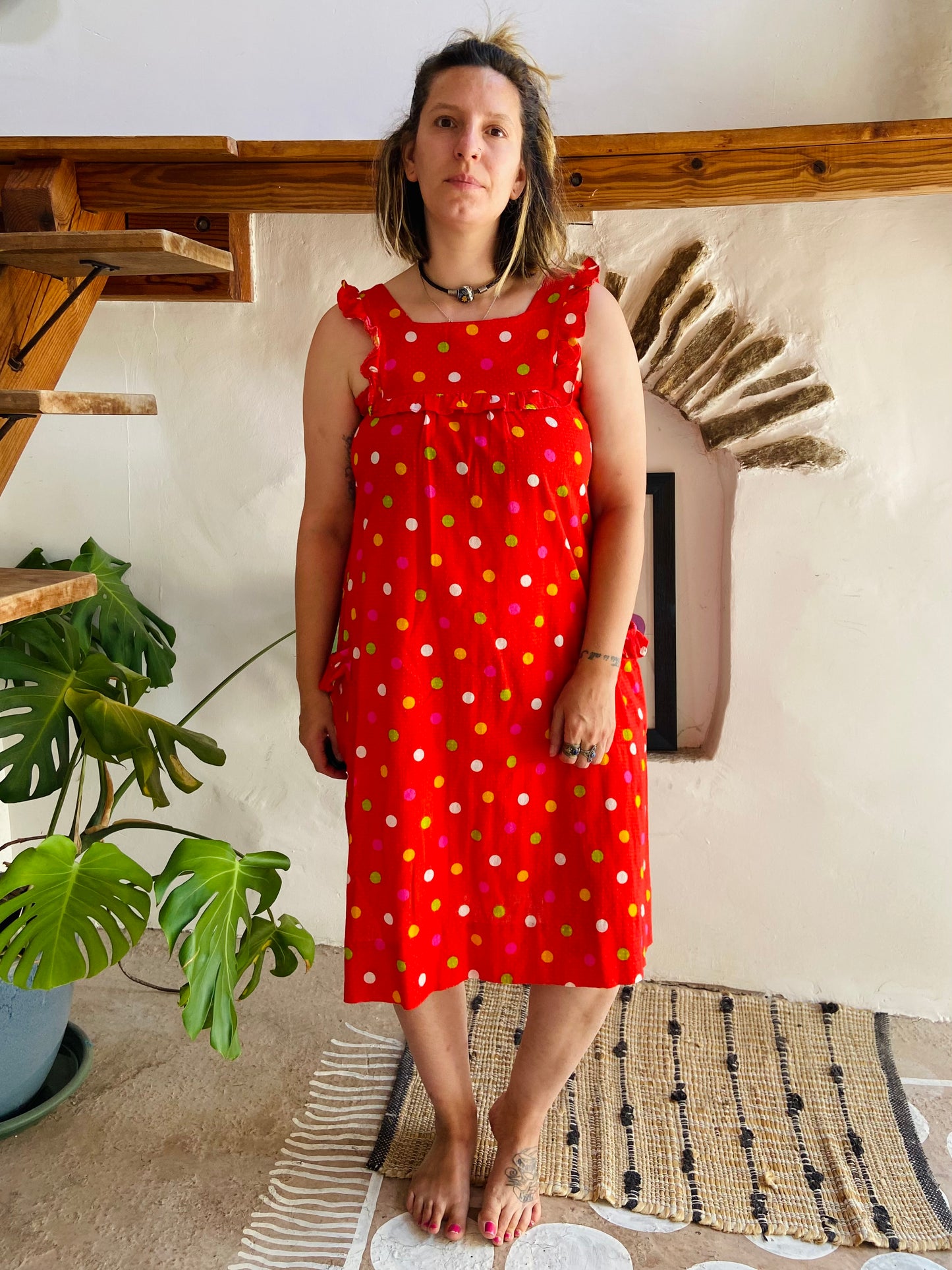 VINTAGE 80's Red Polkadot Midi Dress - M