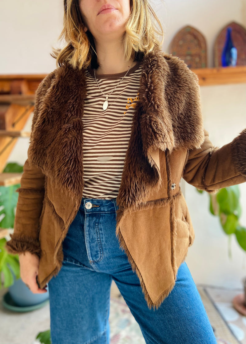 VINTAGE 90's Brown Faux Fur Penny Lane Cropped Coat Jacket - S