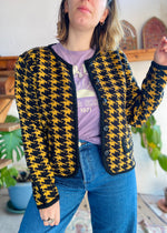 VINTAGE 80's Houndstooth Mustard Yellow Knit Cardigan - M/L