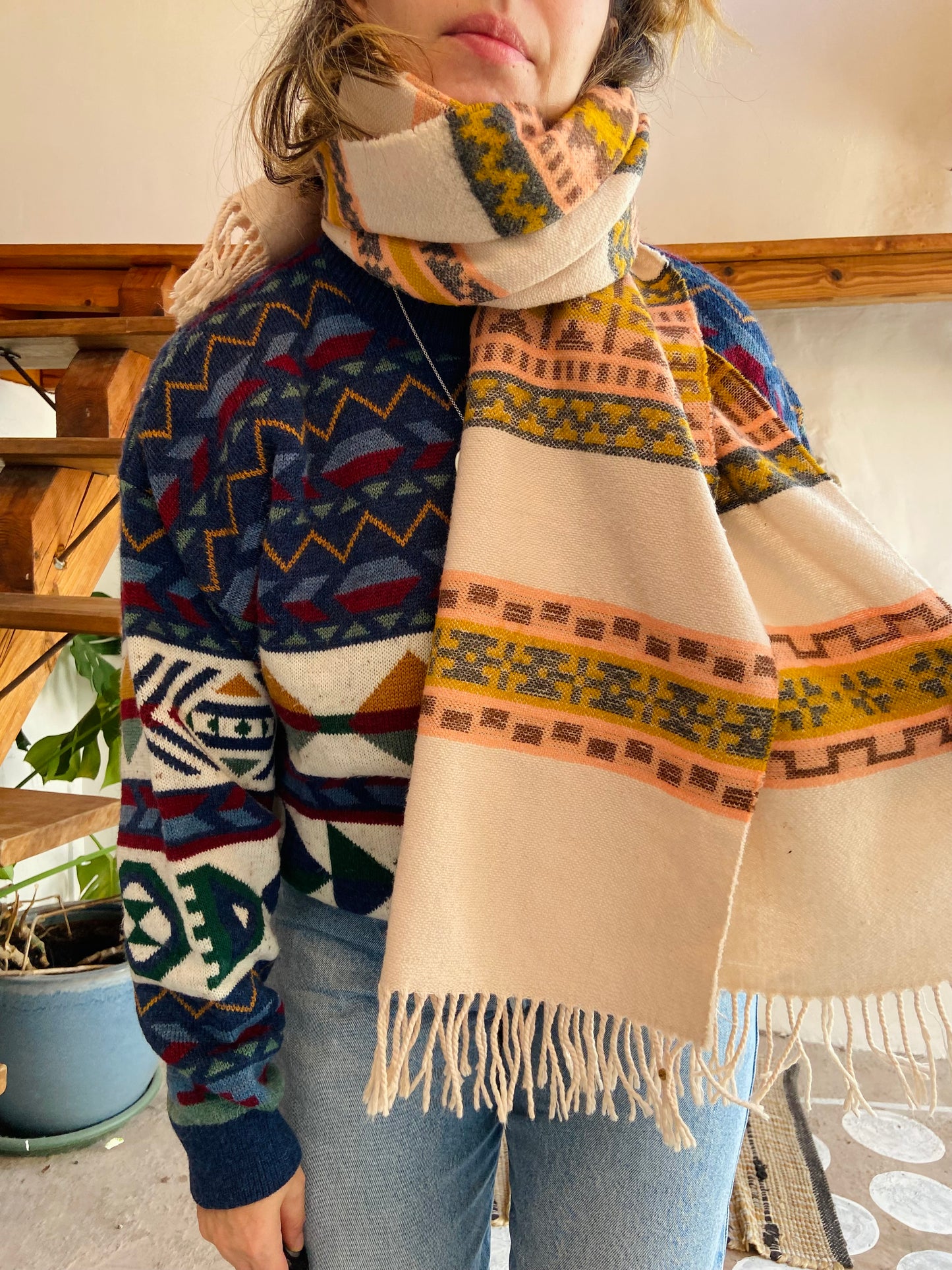 VINTAGE Bohemian Patterned Long Tassel Scarf - ONE SIZE