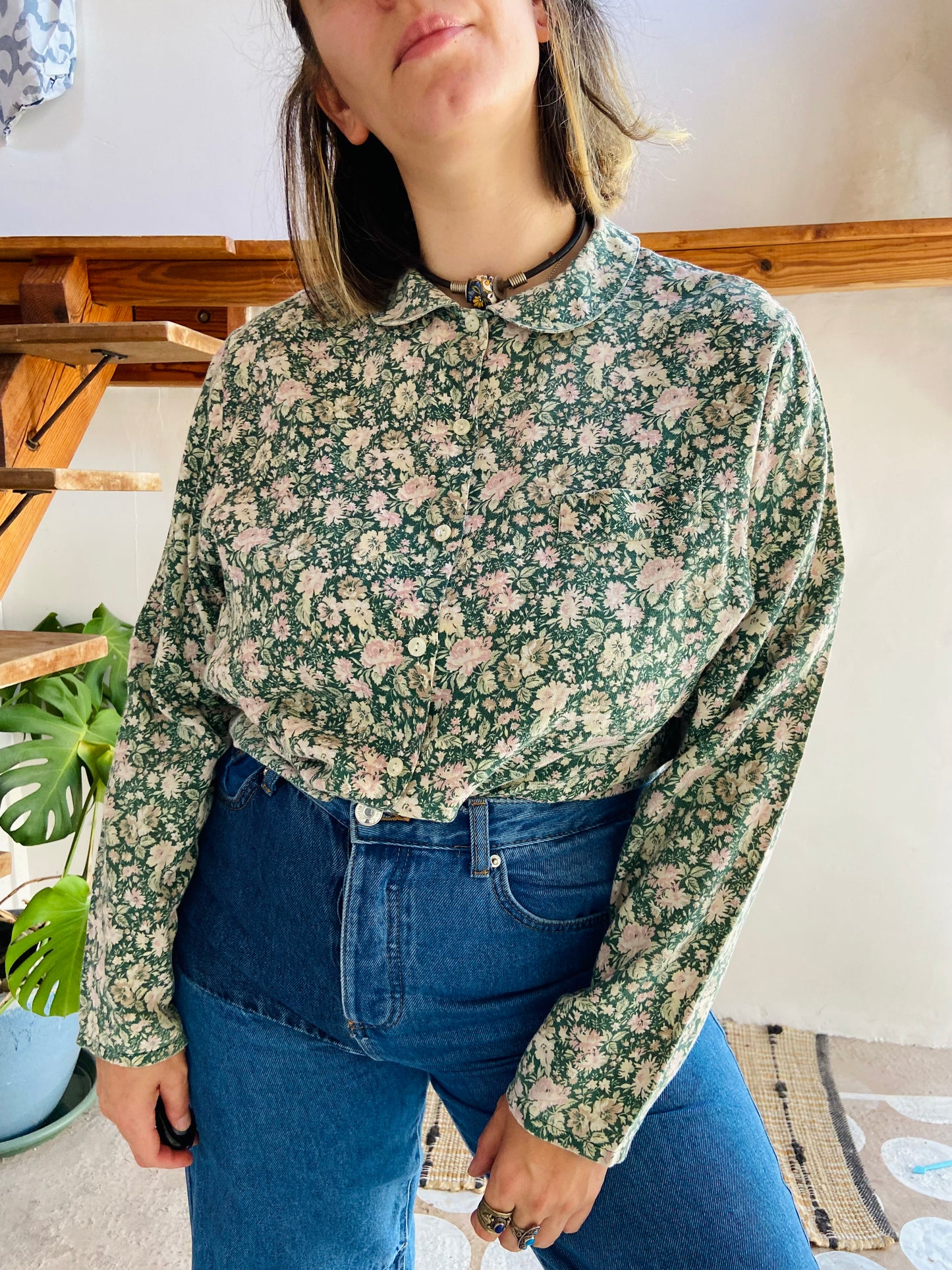 VINTAGE 90's Peter Pan Collar Floral Long Sleeve Shirt - M/L