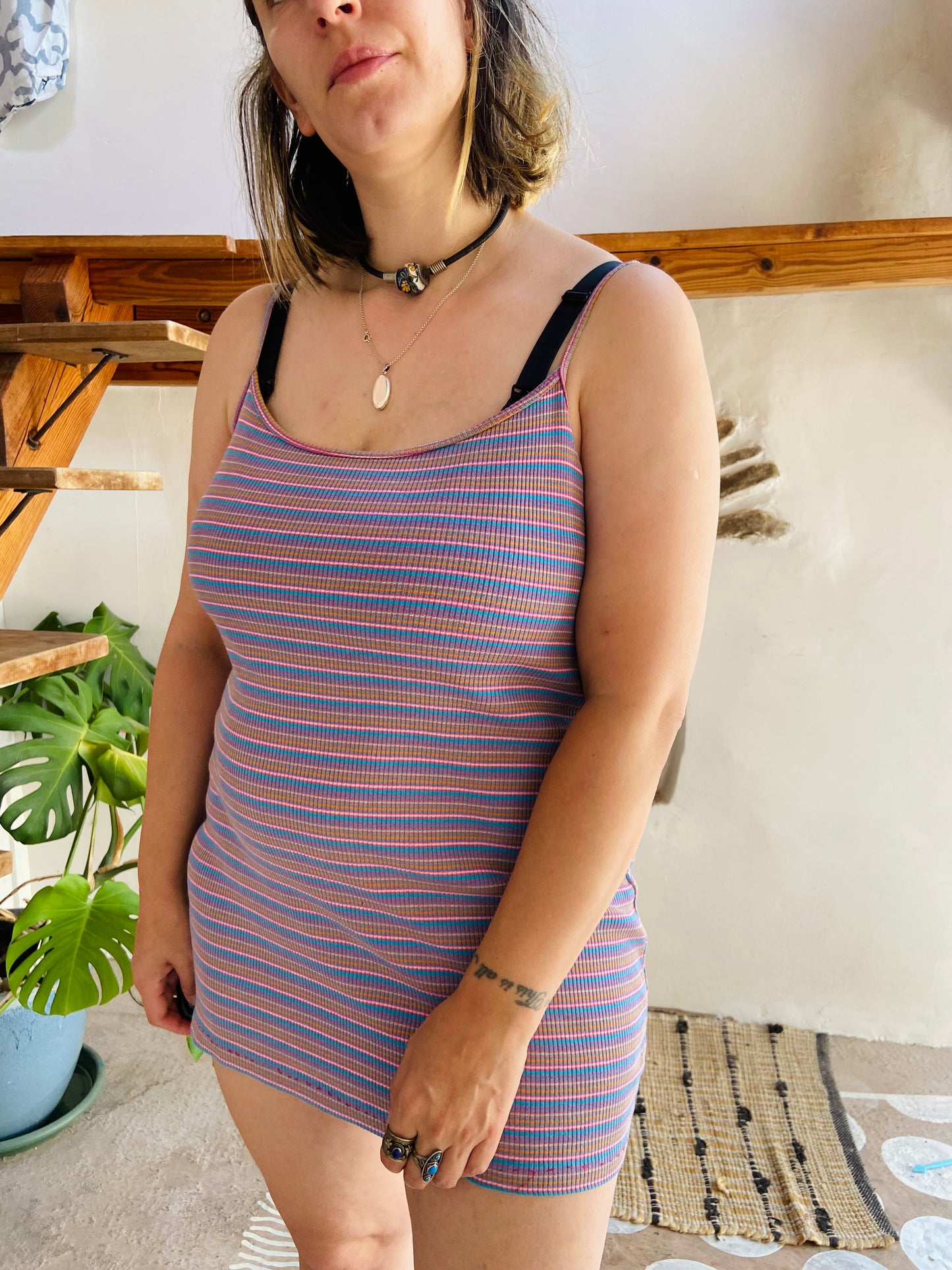 VINTAGE 90's Stripe Funky Short Strappy Dress - M/L