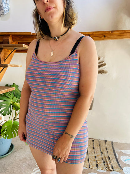 VINTAGE 90's Stripe Funky Short Strappy Dress - M/L