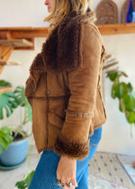 VINTAGE 90's Brown Faux Fur Penny Lane Cropped Coat Jacket - S