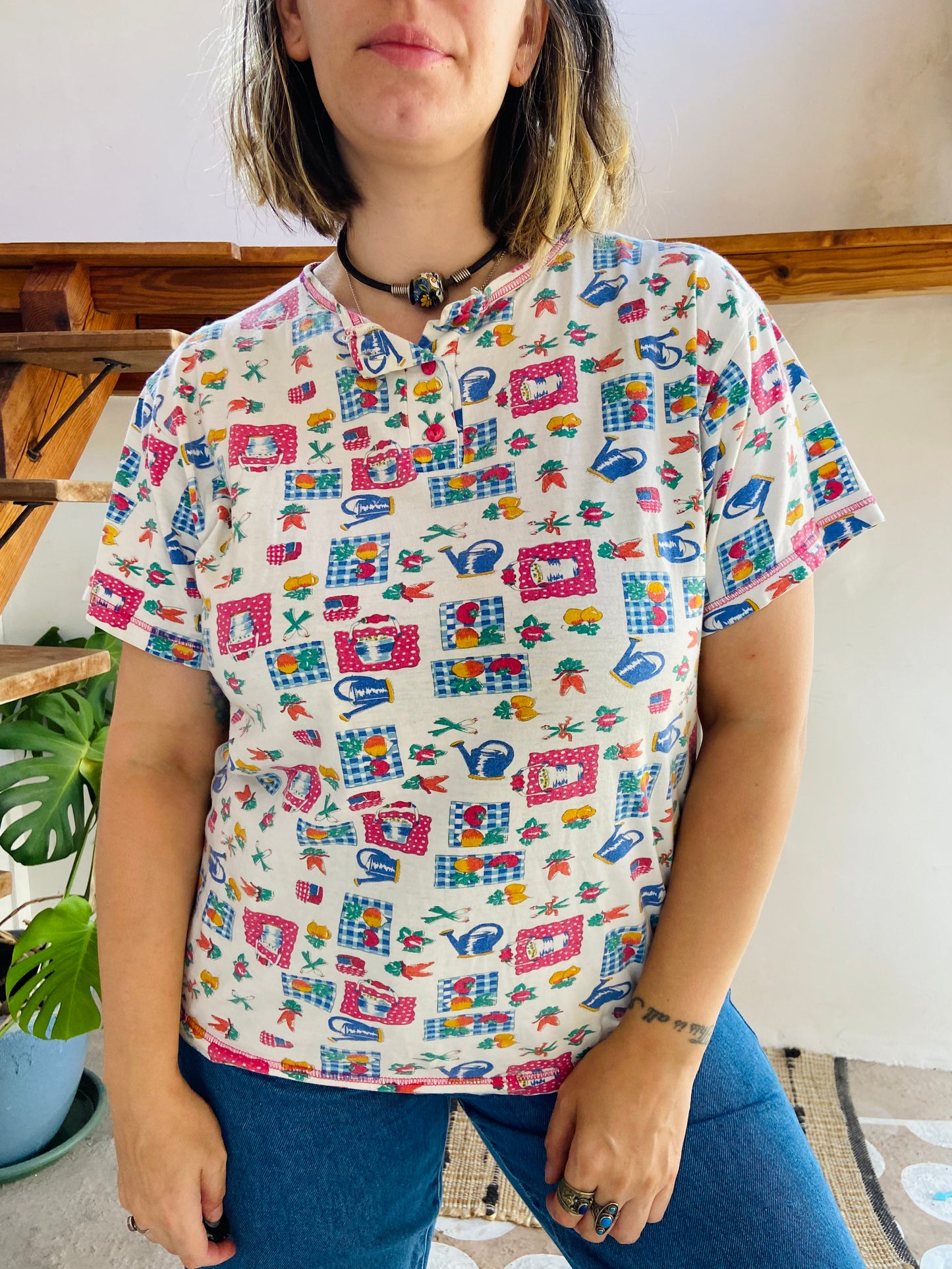 VINTAGE 90's Vegetable Pattern Short Sleeve T-shirt - M