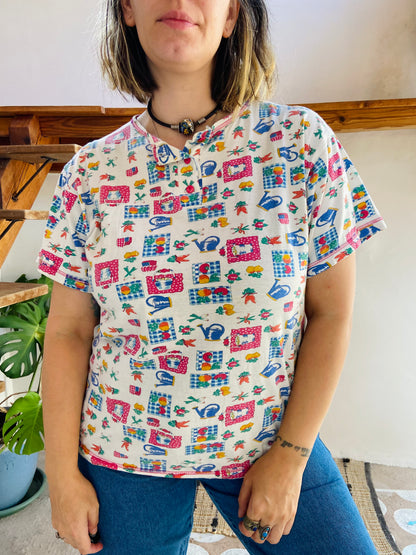 VINTAGE 90's Vegetable Pattern Short Sleeve T-shirt - M