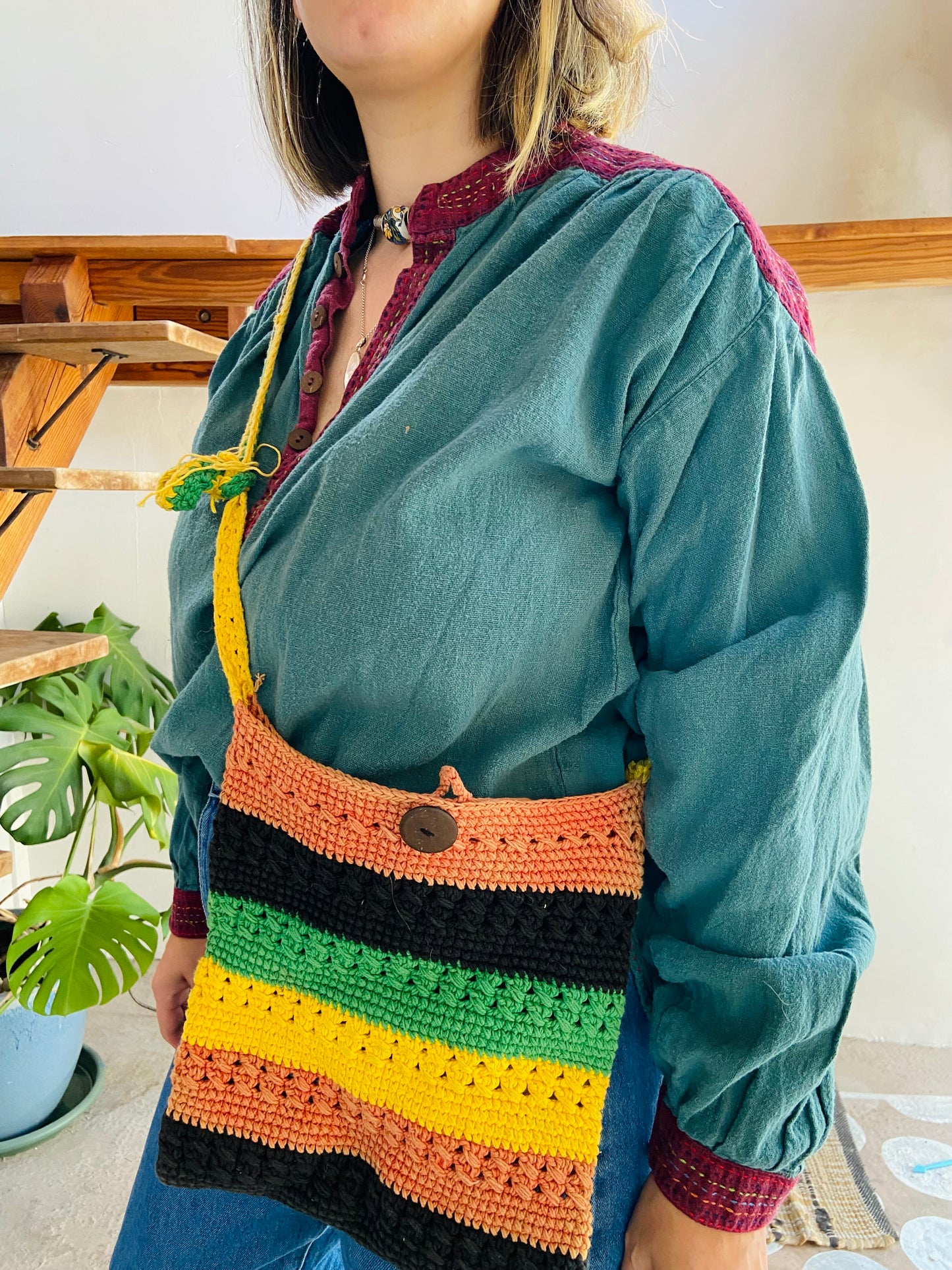 VINTAGE 90's Stripe Crochet Shoulder Bag - ONE SIZE