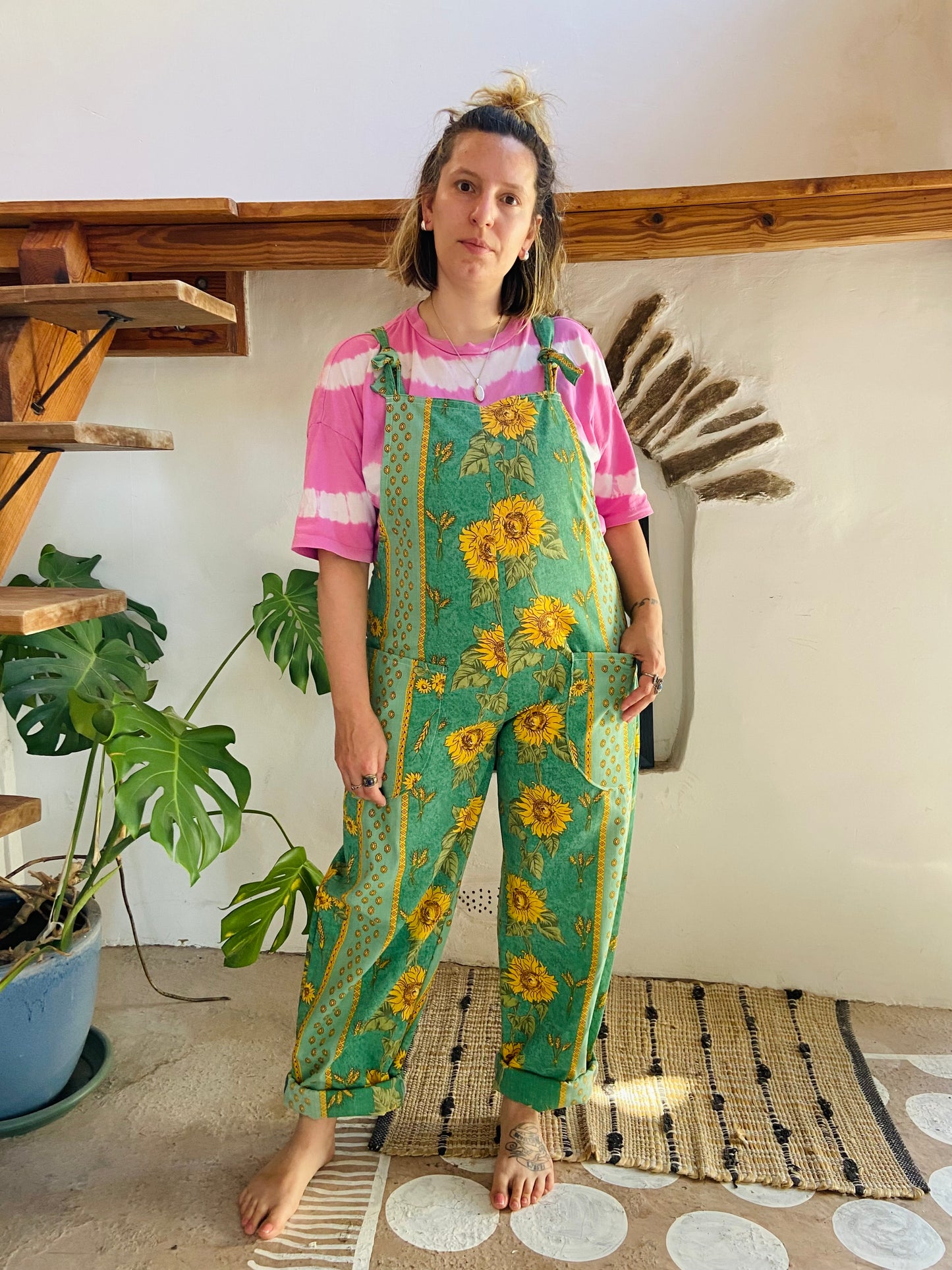 DESERT FOX Green Sunflower Provencal Print Long Length Dungarees - M/L