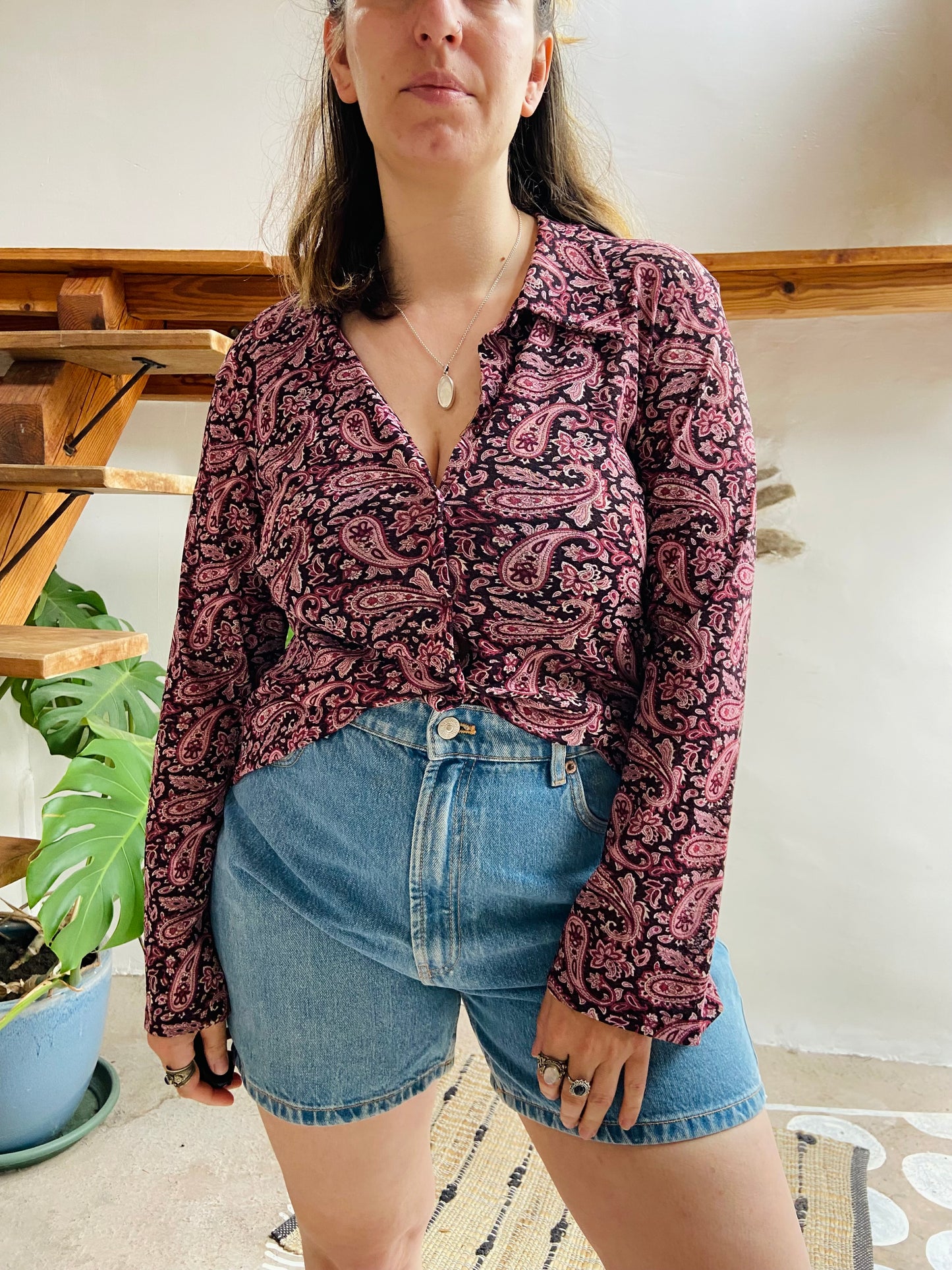 VINTAGE 90's Purple Paisley Long Sleeve Shirt - M