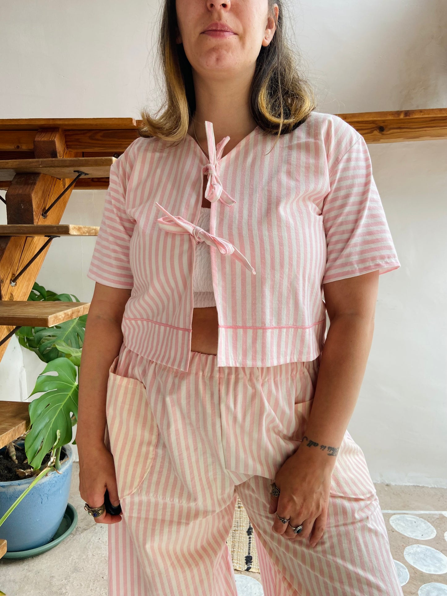 DESERT FOX Pink & White Stripe Print Tie Front Crop Top - S/M