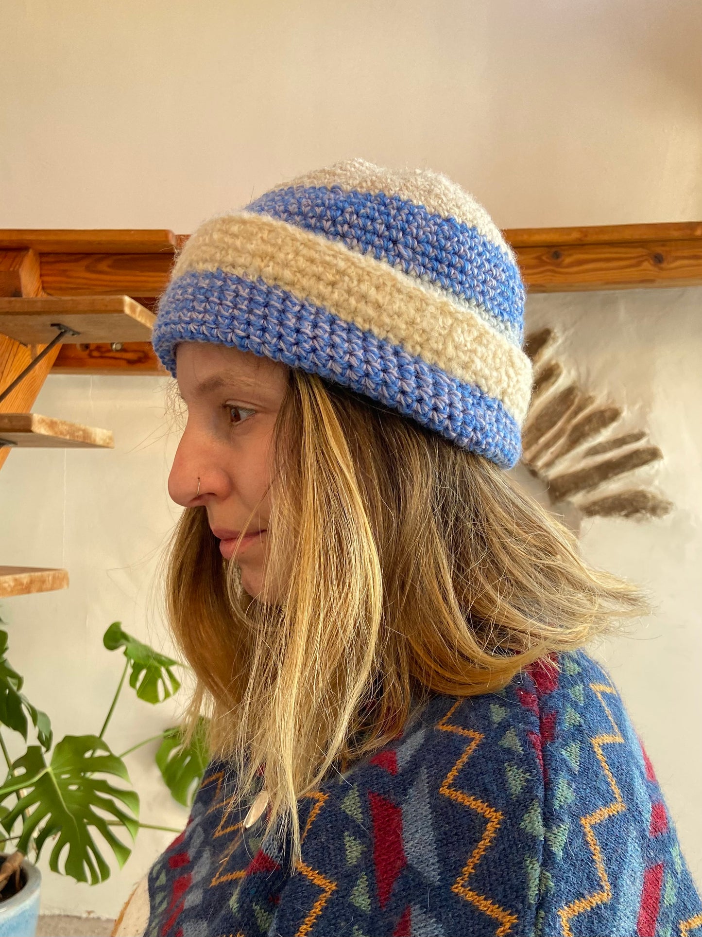 VINTAGE 90's Blue and Beige Woollen Hat - ONE SIZE