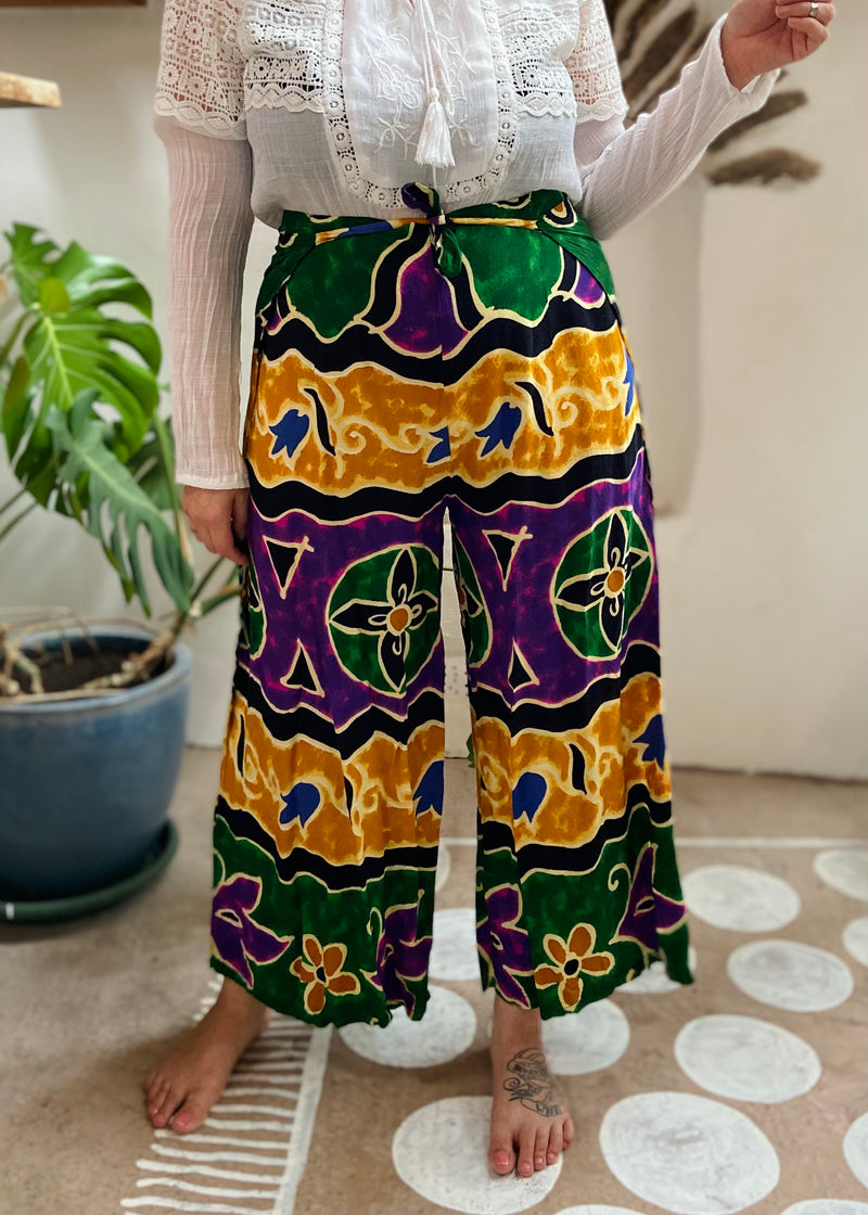 VINTAGE Hippie Bohemian Print Wide Leg Wraparound Trousers - S/M