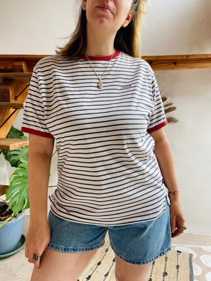 VINTAGE 90's Blue & White & Red Stripe Tee T-Shirt - M/L