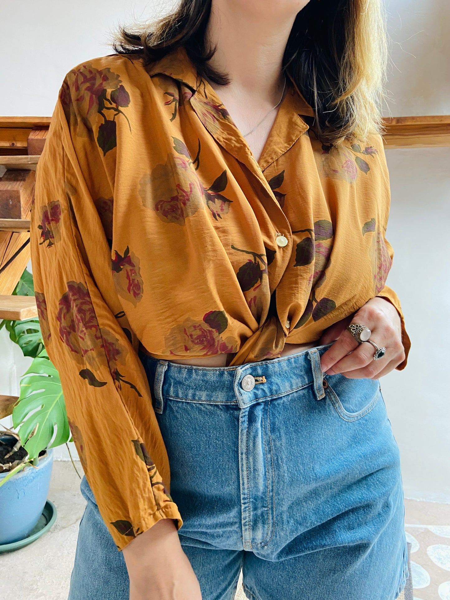 VINTAGE 80's Mustard Floral Long Sleeve Shirt - M/L