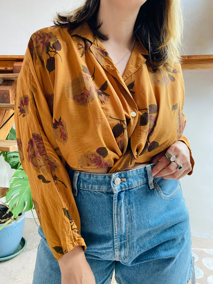 VINTAGE 80's Mustard Floral Long Sleeve Shirt - M/L