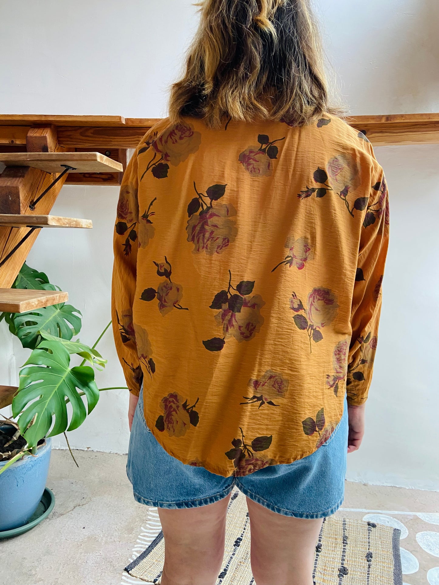 VINTAGE 80's Mustard Floral Long Sleeve Shirt - M/L