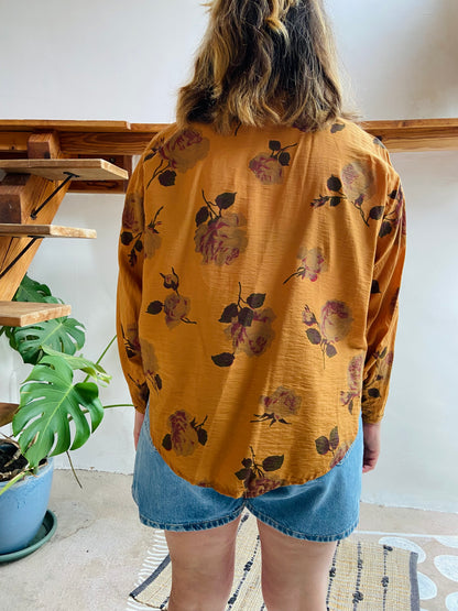 VINTAGE 80's Mustard Floral Long Sleeve Shirt - M/L