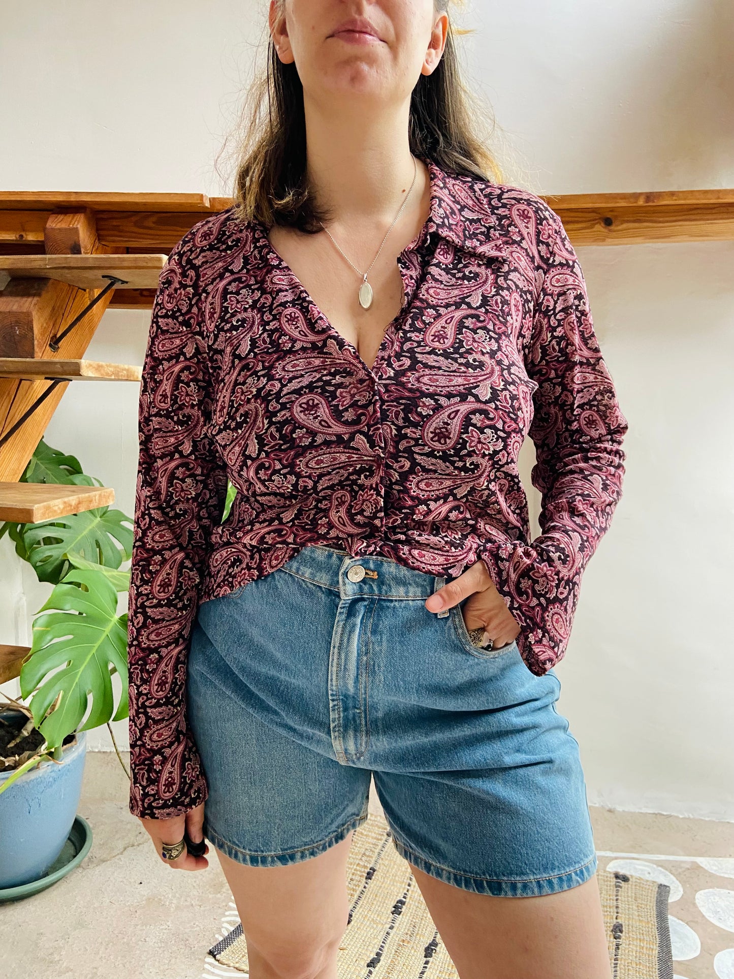 VINTAGE 90's Purple Paisley Long Sleeve Shirt - M