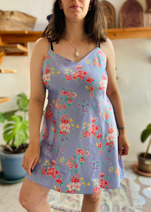  VINTAGE 90’s Blue Floral Silky Mini Dress - L/XL