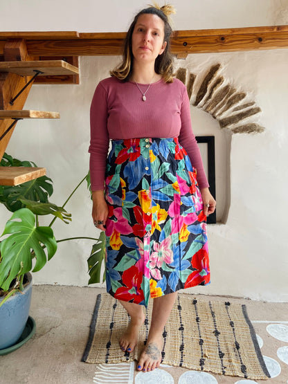 VINTAGE 90's Bright Floral Midi Skirt - M