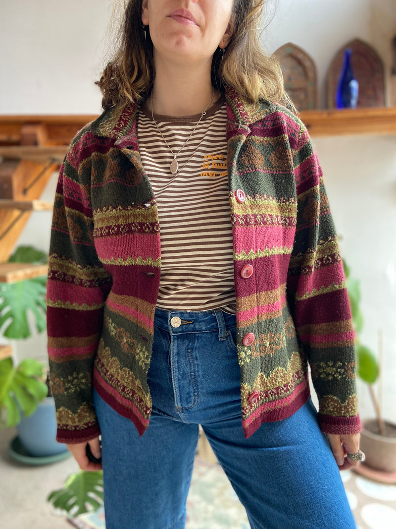 VINTAGE 90’s Bohemian Knit Button Up Cardigan Jacket - S/M