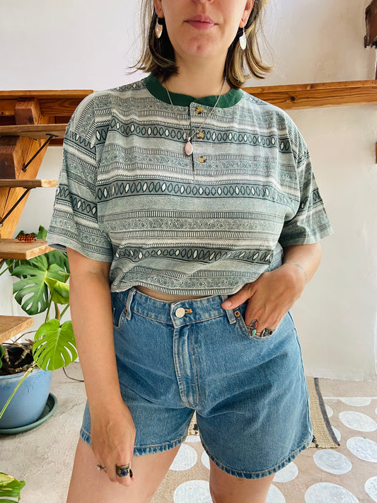 VINTAGE 90’s Green Stripe Loose Tee T-Shirt - M/L