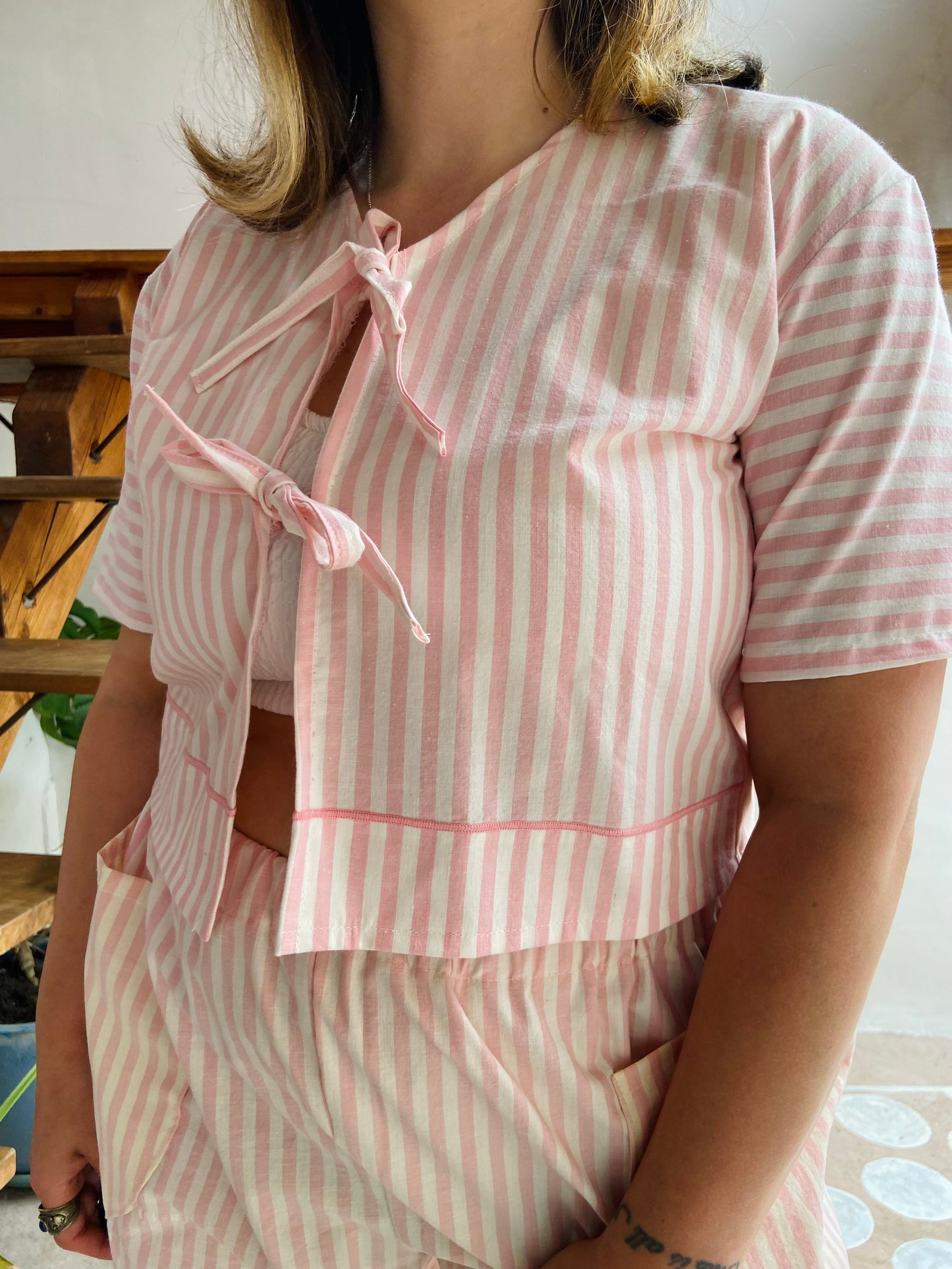DESERT FOX Pink & White Stripe Print Tie Front Crop Top - S/M
